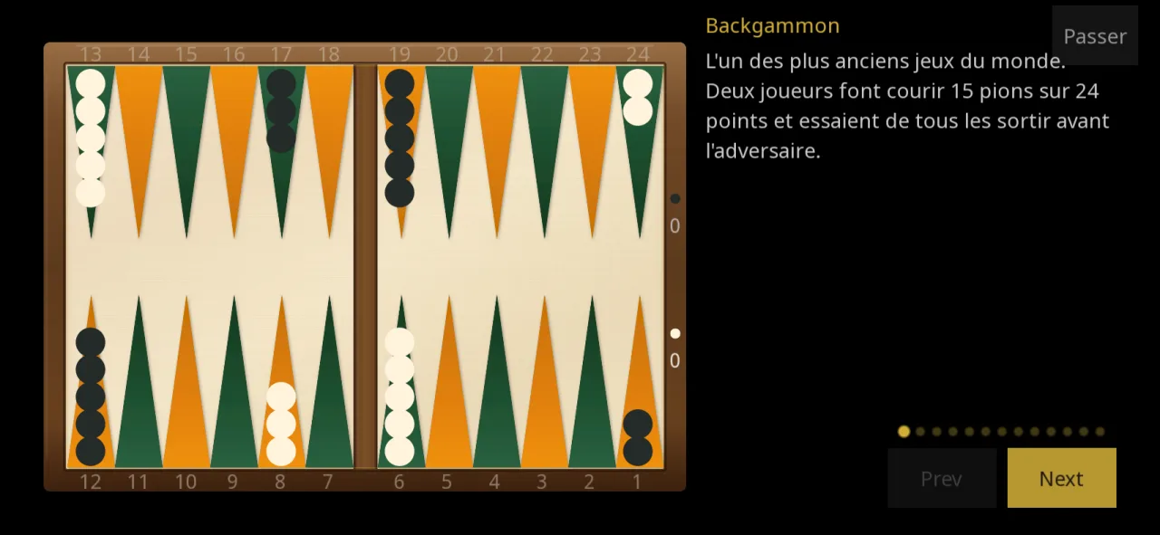 Première étape du tutoriel, sur fond sombre : le plateau en position de départ à gauche, un texte d’explication à droite, les points des étapes et les boutons pour passer d’une étape à l’autre.